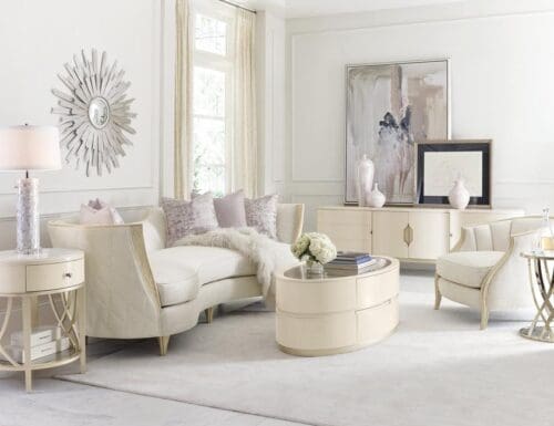 Dimensions: 33.23” H x 94.17” W x 28.23” D Adela Collection by Caracole Furniture Washed Alabaster, Blush Taupe finish 4 doors 1 tray drawer and one adjustable shelf behind each outside door 2 adjustable shelves behind center doors Center doors function with recessed finger pulls Outside doors function with tab pulls Top has silkscreen pattern around the perimeter in Blush Taupe Wire management holes in partitions and back panel