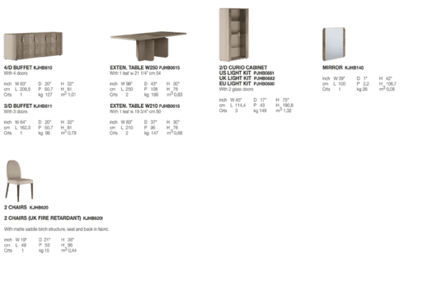 Furniture items with dimensions and details.