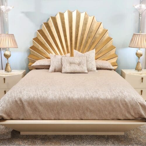 Michael Amini Fantosini Fan Bed Gold1 The Michael Amini Fantosini Fan Bed Gold is more than just a bed—it’s an artistic expression of glamour, elegance, and modern convenience.